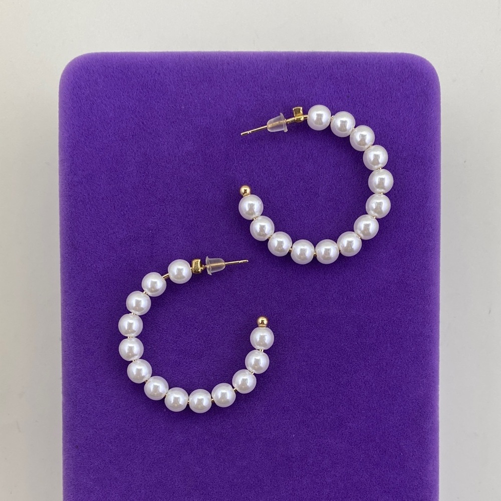 💛 Gold Tone Pearl Bead Hoop Earrings | Evening Glam